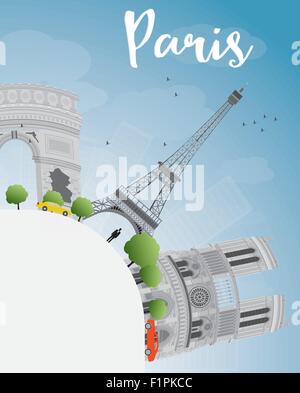 Paris skyline with grey landmarks, blue sky and copy space. Vector illustration Stock Vector