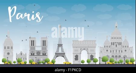 Paris skyline with grey landmarks and blue sky. Vector illustration Stock Vector