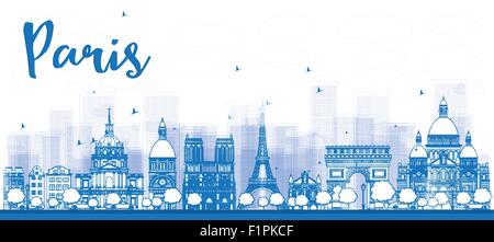 Outline Paris skyline with blue landmarks. Vector illustration Stock Vector