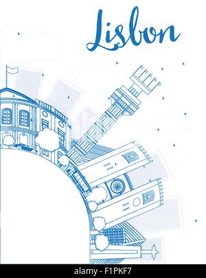 Outline Lisbon city skyline with blue buildings and copy space. Vector illustration Stock Vector