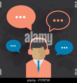 Male call center avatar. Man wearing headsets with colorful speech bubbles conceptual of client services and communication Stock Vector