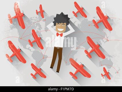 Travel concept Man lie on the world map surrounded by red airplane and dream about travel Stock Vector