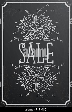 Sale concept with flower on black chalkboard texture. Vintage vector illustration Stock Vector