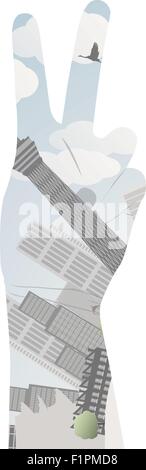 Vector illustration eps10 of a hand with victory sign Double exposure Stock Vector