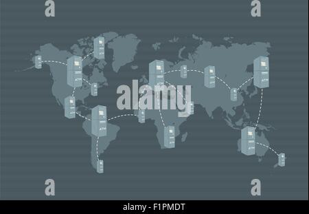 ATM network on world map Concept is showing that you can use your credit/debit card all over the world Stock Vector