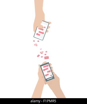 Human hand is sending love messages using cellphone wireless communications Isolated vector illustration Stock Vector