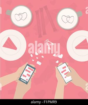 Human hand is sending love messages using cellphone wireless communications in cafe Vector illustration Stock Vector