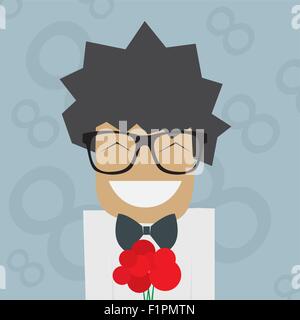 Smiled Man in glasses with red flowers Vector illustration Stock Vector