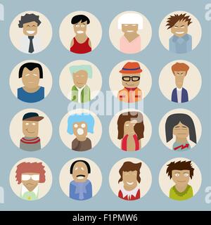 Set of people icons in flat style with faces. Vector illustration of men and women Stock Vector