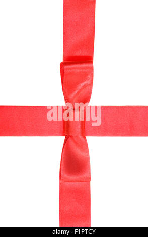 intersection of red silk ribbon and red silk band with bow isolated on white background Stock Photo