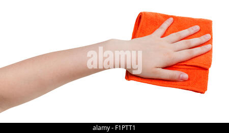 hand with orange dusting rag isolated on white background Stock Photo