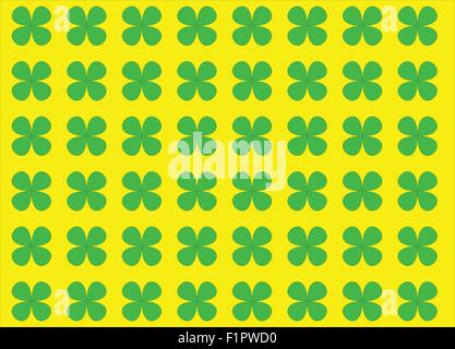 Four leaves green clovers aranged on yellow background Stock Vector