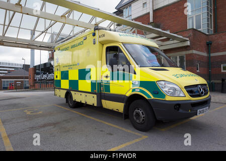 Emergency ambulance outside the A&E Entrance of Blackpool Victoria Hospital in Blackpool, Lancashire Stock Photo