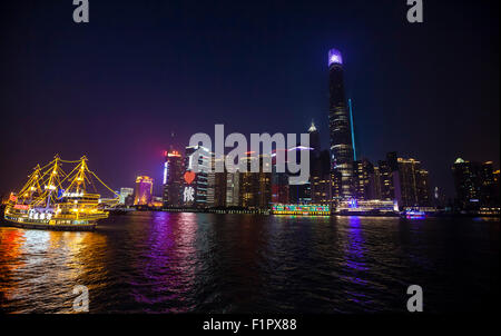Shanghai Oriental Pearl Tower futuristic Pudong skyscrapers illuminated dusk China2 Stock Photo
