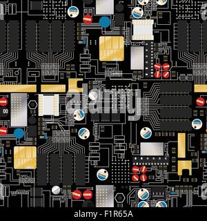 Circuit board with components and wires seamless pattern . Stock Vector