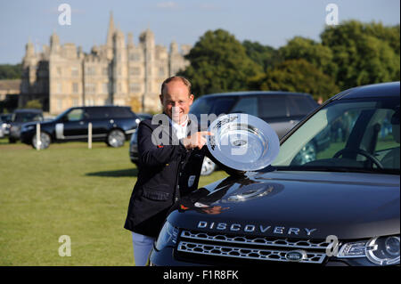 Stamford, UK. 6th September, 2015. The Land Rover Burghley Horse Trials. Michael Jung (GER) riding LA BIOSTHETIQUE - SAM FBW after winning the 2015 Land Rover Burghley Horse Trials. The Land Rover Burghley Horse Trials take place 3rd - 6th September. Credit:  Jonathan Clarke/Alamy Live News Stock Photo