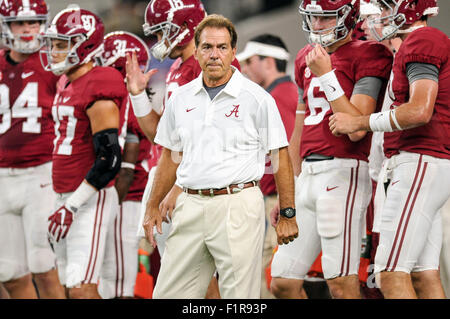 Arlington, Texas, USA. 5th September, 2015. Alabama head coach Nick Saban surveys his team prior to the Crimson Tide playing the Wisconsin Badgers in an NCAA football game at AT&T Stadium Saturday, Sept. 5, 2015, in Arlington, Texas. Credit:  Cal Sport Media/Alamy Live News Stock Photo