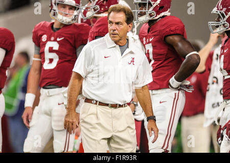 Arlington, Texas, USA. 5th September, 2015. Alabama head coach Nick Saban surveys his team prior to the Crimson Tide playing the Wisconsin Badgers in an NCAA football game at AT&T Stadium Saturday, Sept. 5, 2015, in Arlington, Texas. Credit:  Cal Sport Media/Alamy Live News Stock Photo