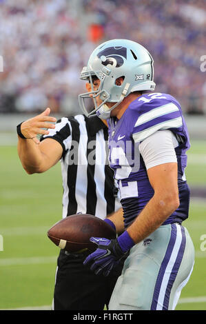 Manhattan, Kansas, USA. 05th Sep, 2015. Kansas State Wildcats wide receiver Stanton Weber (12) in action during the NCAA Football game between South Dakota Coyotes and Kansas State at Bill Snyder Family Stadium in Manhattan, Kansas. Kendall Shaw/CSM/Alamy Live News Stock Photo