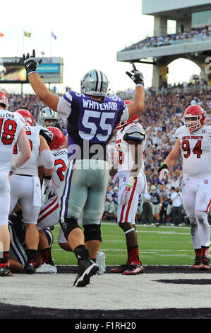 Manhattan, Kansas, USA. 05th Sep, 2015. Kansas State Wildcats offensive lineman Cody Whitehair (55) signals touchdown in action during the NCAA Football game between South Dakota Coyotes and Kansas State at Bill Snyder Family Stadium in Manhattan, Kansas. Kendall Shaw/CSM/Alamy Live News Stock Photo