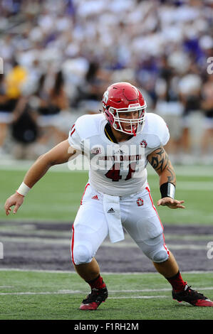 Manhattan, Kansas, USA. 05th Sep, 2015. South Dakota Coyotes fullback Drew Potter (41) looks to block the end in action during the NCAA Football game between South Dakota Coyotes and Kansas State at Bill Snyder Family Stadium in Manhattan, Kansas. Kendall Shaw/CSM/Alamy Live News Stock Photo