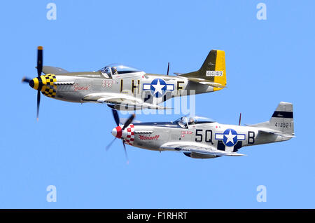 P-51 Mustang pair. These North American P-51D Mustang planes performed a low-level flypast at the Cosby Victory Show, Leicestershire, UK, 2015. Stock Photo