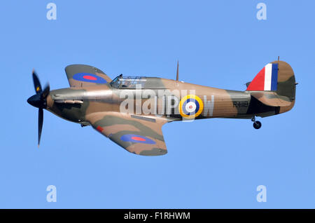 Hawker Hurricane I plane in RAF Battle of Britain 1940 colours making a low flypast at Cosby Victory Show, Leicestershire, UK, 2015. Credit:  Antony Nettle/Alamy Live News Stock Photo