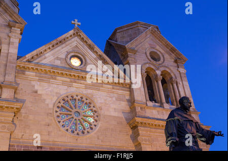 The Cathedral Basilica of Saint Francis of Assisi at twilight in Santa Fe, New Mexico. Stock Photo