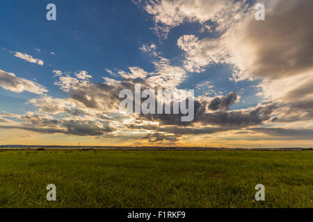 Dramatic sunset over green field Stock Photo