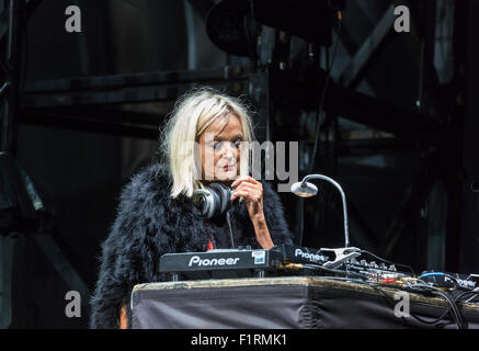 Ewhurst, Surrey, England, UK.  5th September 2015.  Veteran DJ, broadcaster and radio presenter Annie Nightingale appears at the Rock 'n' Horsepower event in support of Prostate Cancer UK, held at Hurtwood Park Polo Club, Ewhurst, Surrey.  Annie played a selection of music tracks as the set was being prepared for the main event, the performance by the reuniting Faces band. Credit:  Graham Prentice/Alamy Live News Stock Photo