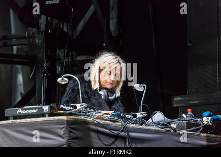 Ewhurst, Surrey, England, UK.  5th September 2015.  Veteran DJ, broadcaster and radio presenter Annie Nightingale appears at the Rock 'n' Horsepower event in support of Prostate Cancer UK, held at Hurtwood Park Polo Club, Ewhurst, Surrey.  Annie played a selection of music tracks as the set was being prepared for the main event, the performance by the reuniting Faces band. Credit:  Graham Prentice/Alamy Live News Stock Photo