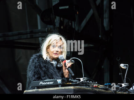 Ewhurst, Surrey, England, UK.  5th September 2015.  Veteran DJ, broadcaster and radio presenter Annie Nightingale appears at the Rock 'n' Horsepower event in support of Prostate Cancer UK, held at Hurtwood Park Polo Club, Ewhurst, Surrey.  Annie played a selection of music tracks as the set was being prepared for the main event, the performance by the reuniting Faces band. Credit:  Graham Prentice/Alamy Live News Stock Photo