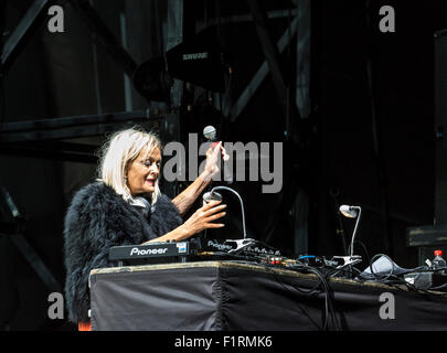 Ewhurst, Surrey, England, UK.  5th September 2015.  Veteran DJ, broadcaster and radio presenter Annie Nightingale appears at the Rock 'n' Horsepower event in support of Prostate Cancer UK, held at Hurtwood Park Polo Club, Ewhurst, Surrey.  Annie played a selection of music tracks as the set was being prepared for the main event, the performance by the reuniting Faces band. Credit:  Graham Prentice/Alamy Live News Stock Photo