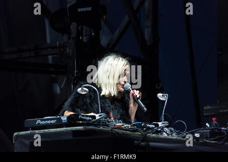 Ewhurst, Surrey, England, UK.  5th September 2015.  Veteran DJ, broadcaster and radio presenter Annie Nightingale appears at the Rock 'n' Horsepower event in support of Prostate Cancer UK, held at Hurtwood Park Polo Club, Ewhurst, Surrey.  Annie played a selection of music tracks as the set was being prepared for the main event, the performance by the reuniting Faces band. Credit:  Graham Prentice/Alamy Live News Stock Photo