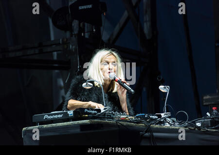 Ewhurst, Surrey, England, UK.  5th September 2015.  Veteran popular DJ, broadcaster and radio presenter Annie Nightingale appears at the Rock 'n' Horsepower event in support of Prostate Cancer UK, held at Hurtwood Park Polo Club, Ewhurst, Surrey.  Annie played a selection of music tracks as the set was being prepared for the main event, the performance by the reuniting Faces band. Credit:  Graham Prentice/Alamy Live News Stock Photo