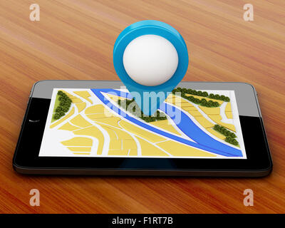 3d renderer image. Tablet pc with navigator map and pointer marker on city. GPS satellite navigation concept. Stock Photo