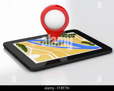 3d renderer image. Tablet pc with navigator map and pointer marker on ...