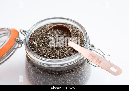 Salvia Hispanica seed. Chia seeds in a glass jar. Stock Photo