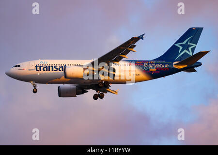 Air Transat Airbus A310 approaches runway 23R at Manchester airport. Stock Photo