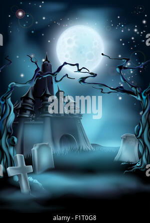 Halloween scary castle graveyard background with a spooky haunted castle, spooky trees and graves and a full moon Stock Photo