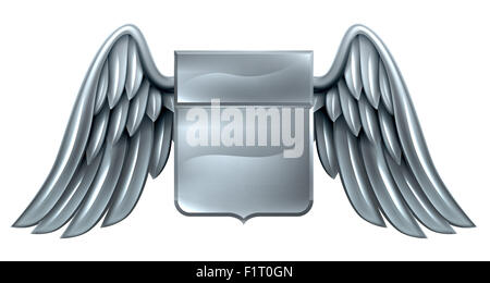 A winged silver steel metal shield heraldic heraldry coat of arms design Stock Photo