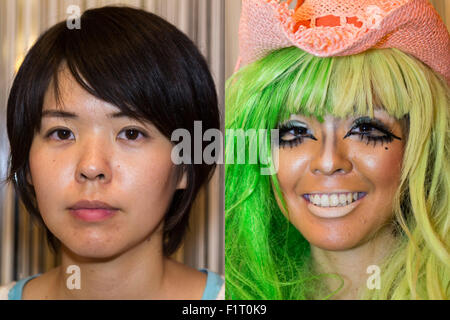 Before and after pictures of a female customer who was transformed into a ganguro girl at the Ganguro Cafe & Bar in the Shibuya shopping area on September 4, 2015. Ganguro is an alternative Japanese fashion trend which started in the mid-1990s where young women, rebelling against the traditional idea of Japanese beauty, wore colorful make-up and clothes and had dark-skin. 10 Ganguro fashion girls work in the new bar, which offers original Ganguro Balls (fried takoyaki style sausage balls in black squid ink batter) on its menu. Ganguro CafŽ & Bar also offers special services such as Ganguro Stock Photo