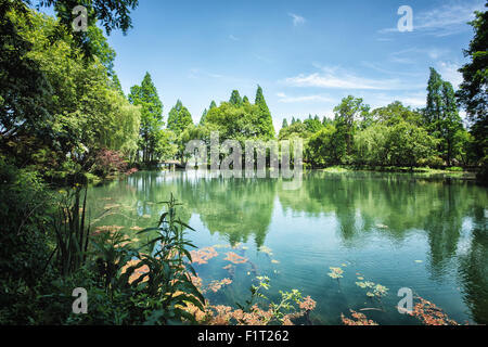 Peaceful lake scene with greenery at one of the lesser known spots at West Lake in Hangzhou, Zhejiang, China, Asia Stock Photo