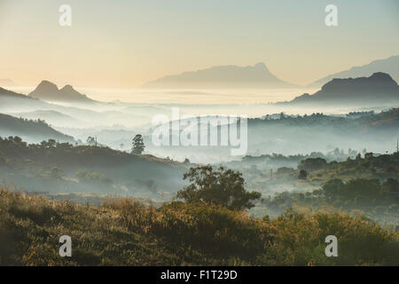 Sunrise and fog over the mountains surrounding Blantyre, Malawi, Africa Stock Photo