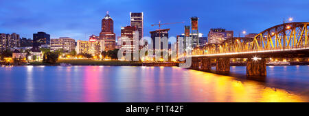 The skyline of Portland, Oregon at night. Photographed from across the Willamette River. Stock Photo