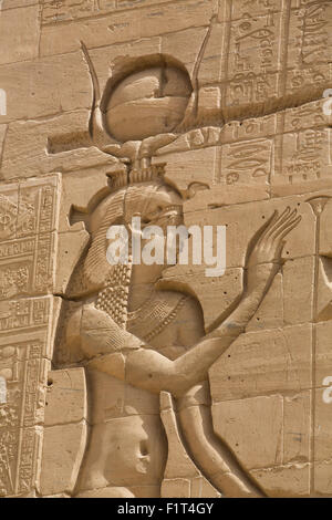 Relief depicting the Goddess Hathor, Second Pylon, Temple of Isis, Island of Philae, UNESCO, Aswan, Egypt, North Africa Stock Photo
