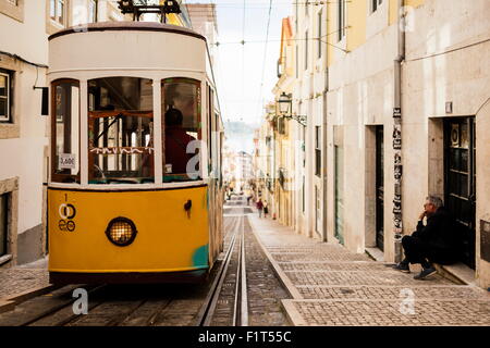 Tram in Elevador da Bica, Lisbon, Portugal, Europe Stock Photo