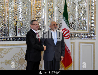 Teheran, Iran, Islamic Republic Of. 06th Sep, 2015. Czech Foreign Minister Lubomir Zaoralek (left) met his Iranian counterpart Mohammad Javad Zarif who said this is a new beginning in the two countries´ bilateral relations in Teheran, Iran, September 6, 2015. They mainly debated the migration wave in Europe, the Middle East situation and the struggle against Islamic State. Credit:  Lenka Penkalova/CTK Photo/Alamy Live News Stock Photo