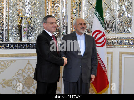Teheran, Iran, Islamic Republic Of. 06th Sep, 2015. Czech Foreign Minister Lubomir Zaoralek (left) met his Iranian counterpart Mohammad Javad Zarif who said this is a new beginning in the two countries´ bilateral relations in Teheran, Iran, September 6, 2015. They mainly debated the migration wave in Europe, the Middle East situation and the struggle against Islamic State. Credit:  Lenka Penkalova/CTK Photo/Alamy Live News Stock Photo