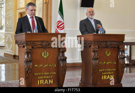 Teheran, Iran, Islamic Republic Of. 06th Sep, 2015. Czech Foreign Minister Lubomir Zaoralek (left) met his Iranian counterpart Mohammad Javad Zarif who said this is a new beginning in the two countries´ bilateral relations in Teheran, Iran, September 6, 2015. They mainly debated the migration wave in Europe, the Middle East situation and the struggle against Islamic State. Lubomir Zaoralek and Mohammad Javad Zarif pictured during a press conference. Credit:  Lenka Penkalova/CTK Photo/Alamy Live News Stock Photo